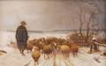 Framed Pastel on Paper Winter Scene with Sheep and Herder