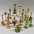Nineteen Mostly Paintdecorated Papiermache Doll Head Hat Stands