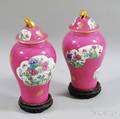 Pair of Copeland Spode Pink Porcelain Covered Jars and Stands