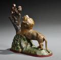 Painted Cast Iron Mechanical Lion and Two Monkeys Bank