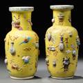 Two Famille Jaune Rouleau Vases