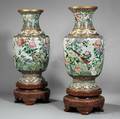 Pair of Monumental Cloisonne Vases and Wood Stands