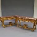 Pair of Marbletop Carved Wood and Goldtone Credenzas