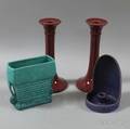 Pair of Rookwood Candlesticks Fulper Chamberstick and an Unmarked Roseville Vase