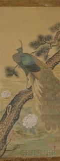 Painting Depicting a Peacock with Pine and Peonies