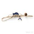 14kt Gold Enamel and Seed Pearl Fish and Rod Brooch Sloan  Co