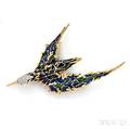 18kt Gold PliqueaJour Enamel and Diamond Bird Brooch