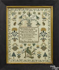 Silk on linen needlework sampler early 19th c