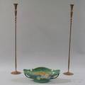 Green Roseville Pottery Bowl and a Pair of Hessel Studios Hammered Copper Candlesticks