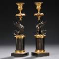 Pair of Neoclassical Patinated Bronze Figural Candlesticks