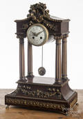 French Vincenti mahogany portico mantel clock with gilt appliqus