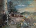 Ilya Schor American 19041961 Shtetl Scene with Figure