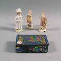Three Continental Porcelain Figures and a Chinese Cloisonne Box