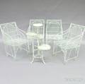 Set of Four Light Bluepainted Wire and Iron Patio Armchairs and Plant Stand