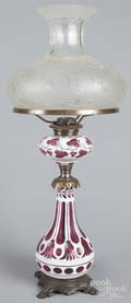 White opalescent and cranberry cut glass lamp