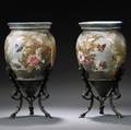 Pair of Handpainted Pottery Vases on Bronze Stands