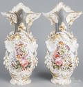 Large pair of old Paris porcelain floral vases