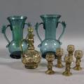 Six Pieces of Mosertype Glass and a Pair of Spanish Vases
