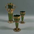 Three Gilded and Enameled Green Glass Vases