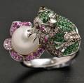 14kt White Gold Cultured Pearl Diamond and Colored Gemstone Frog Ring