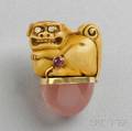 14kt Gold Carved Resin Foo Dog and Rose Quartz Brooch