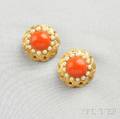 18kt Gold Coral and Cultured Pearl Earclips