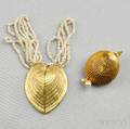 Two Gold and Cultured Pearl Seashell Pendants