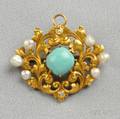 Art Nouveau 14kt Gold Turquoise and Freshwater Pearl PendantBrooch