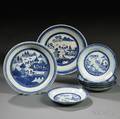 Eight Blue and White Canton Porcelain Table Items