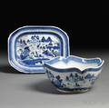 Blue and White Canton Cutcorner Porcelain Bowl and a Small WellandTree Platter