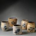 Five Cobalt Floraldecorated Stoneware Vessels