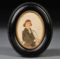 American School 19th Century Small Portrait of a Gentleman Seated in a Windsor Armchair Holding a Massachusetts Lottery Ticket Inscri