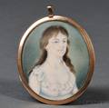 American School Early 19th Century Portrait Miniature of a Young Woman Wearing a White Gown and Goldbeaded Necklace