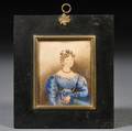 British School 19th Century Small Portrait of a Young Lady Wearing a Blue Gown and Holding a Red Book