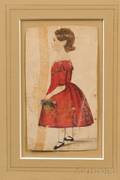 American School 19th Century Portrait Miniature of a Girl Wearing a Red Dress Holding a Basket of Flowers