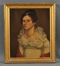 American School 19th Century Portrait of a Young Woman Wearing a White Gown with a Red Shawl