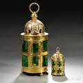 Two Embossed Brass and Green Glass Candle Lanterns