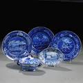 Six Blue Transferdecorated Staffordshire Pottery Table Items