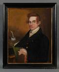 American School 19th Century Portrait of a Redhaired Gentleman Seated with Books Pen and Inkwell