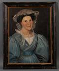American School Early 19th Century Portrait of a Smiling Lady Wearing a Blue Gown