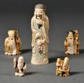 Group of Five Ivory Polychrome Okimonos and Netsukes