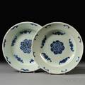 Pair of Celadon Plates with Blue and White Decoration