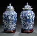 Pair of Blue and White Covered Jars