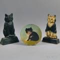 Two Cast Iron Cat Doorstops and Catdecorated Papiermache Plate