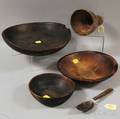Three Early Wooden Bowls Funnel and Spoon