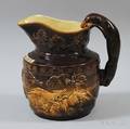 Brown Glazed Hounddecorated Handled Earthenware Pitcher