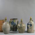 Three Stoneware Saltglazed Jug Lamps and a Crock