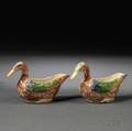 Pair of Staffordshire Creamcolored Earthenware Duckform Sauceboats