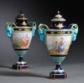 Pair of Jeweled Porcelain Handpainted Vases and Covers