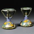 Pair of Zuid Holland Gouda Rhodian Ina Pattern Pottery Candlesticks